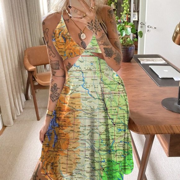 V-neck strap map print midi dress - Picture 1 of 3